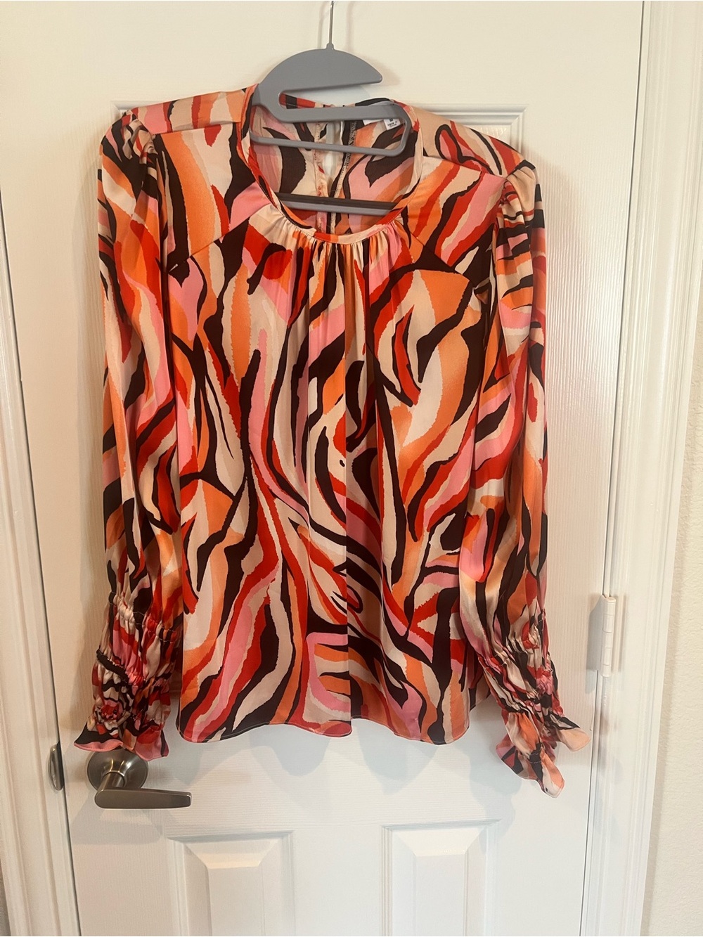 THML Abstract Print Long-Sleeve Blouse in Pink, Orange, Brown